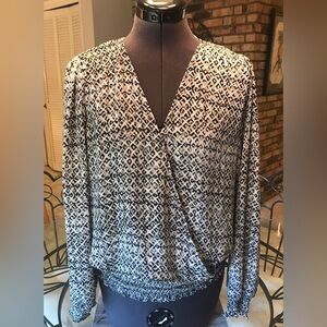 Alex & Lili Faux Wrap Blouse With  Smocked Waistband and Cuffs.